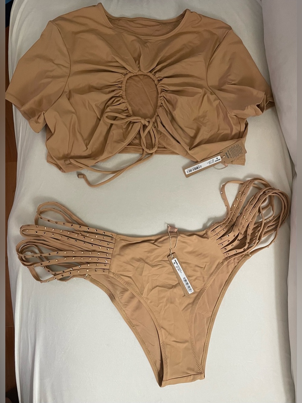 SKIMS 2Pc SET Ruched T-Shirt Swim Top & Strappy Bikini Bottom Ochre Size 4X NWT